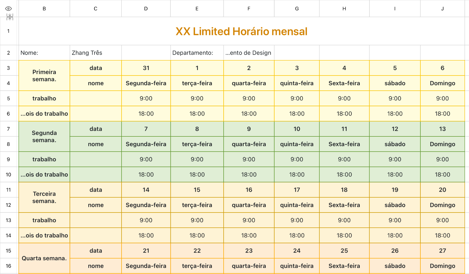 Horário mensal da empresa